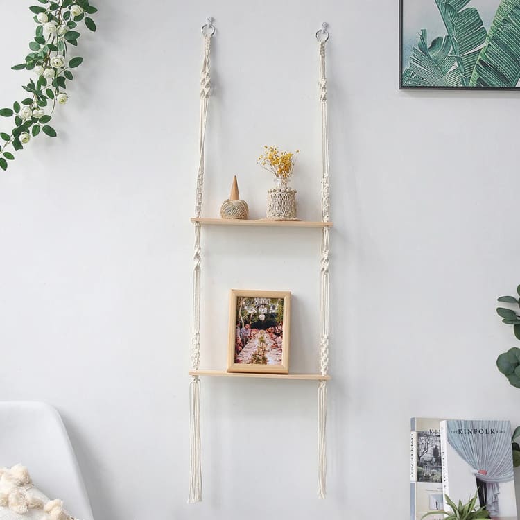 Etagère murale Zen en bois et macramé - Double corde