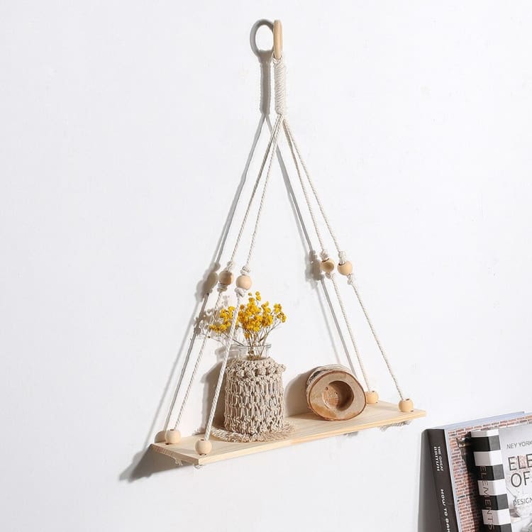 Etagère murale Zen en bois et macramé - Grand triangle
