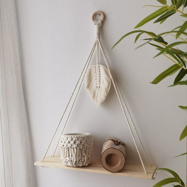 Etagère murale Zen en bois et macramé - Plume