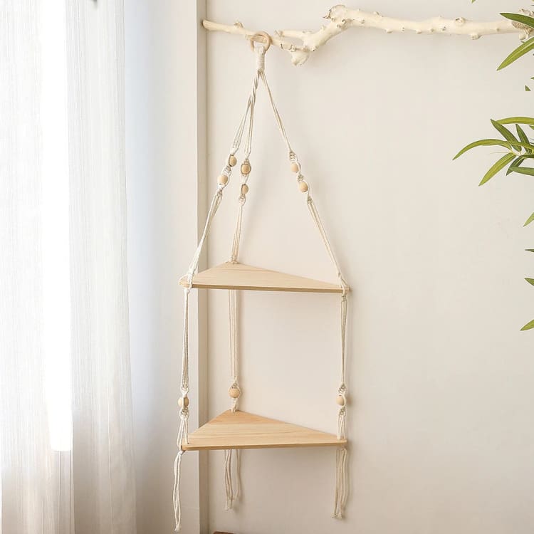 Etagère murale Zen en bois et macramé - Double triangle